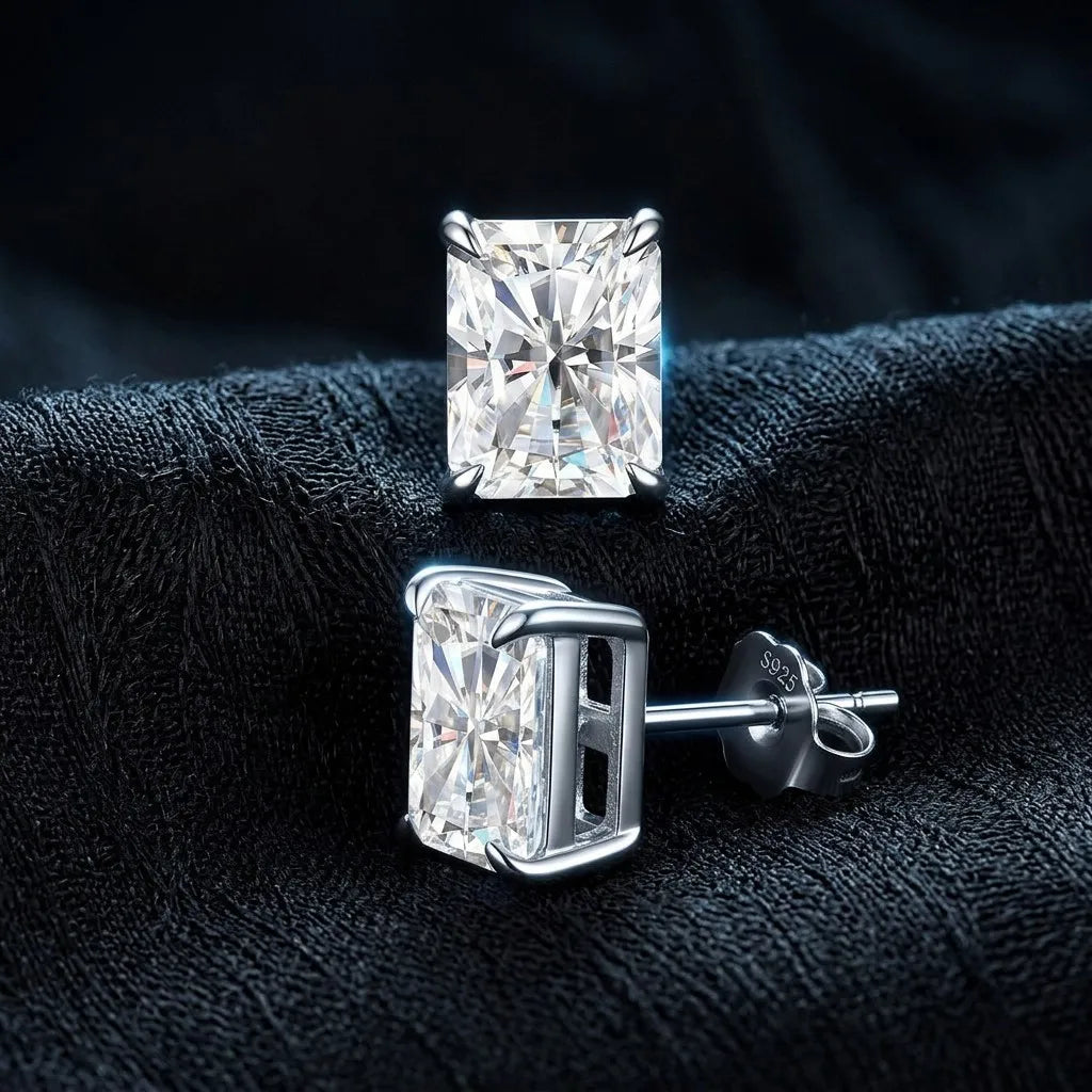 MEETMAY | Radiant-Cut Moissanite Stud Earrings – S925 Sterling Silver 18K Gold Plated, GRA Certified