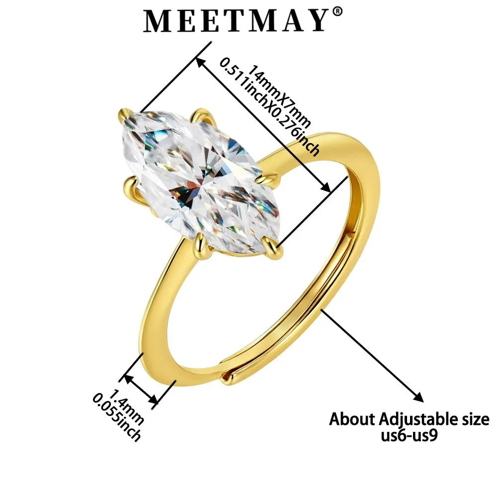 MEETMAY | Marquise-Cut Moissanite Adjustable Ring – S925 Sterling Silver 18K Gold Plated, D-Color