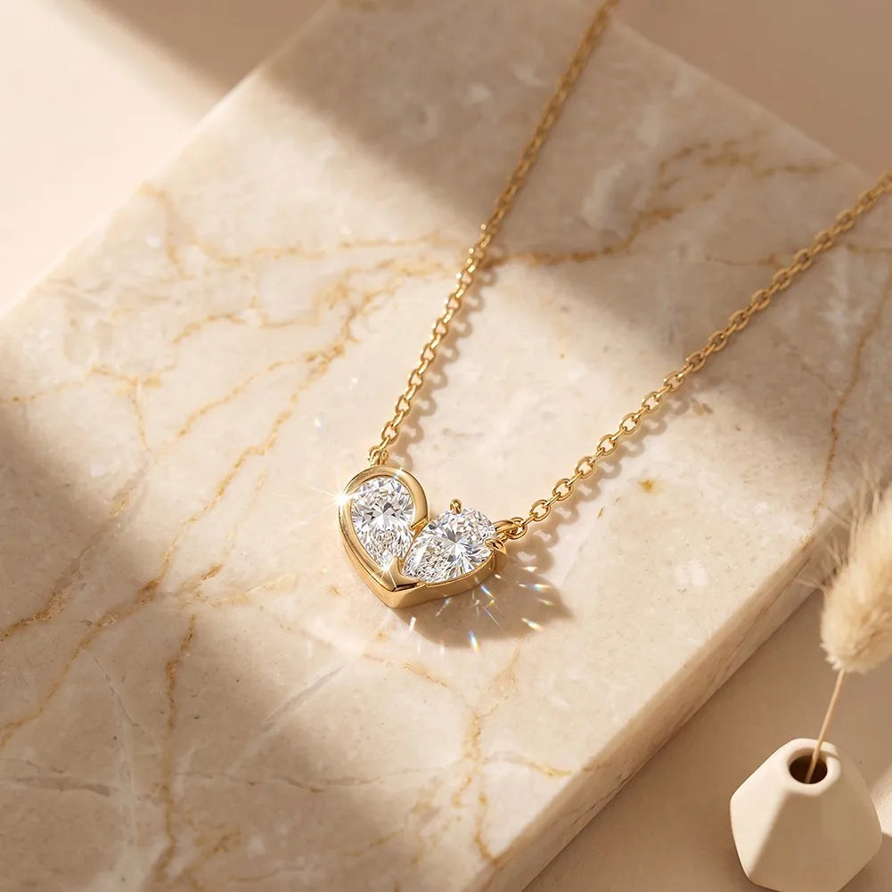 MEETMAY | Double Pear-Cut Moissanite Pendant Necklace – S925 Sterling Silver 14K Gold Plated, D-Color