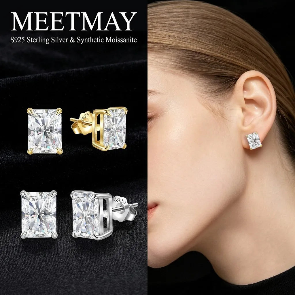 MEETMAY | Radiant-Cut Moissanite Stud Earrings – S925 Sterling Silver 18K Gold Plated, GRA Certified