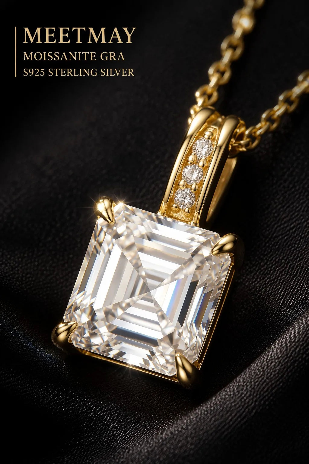 MEETMAY | Asscher-Cut Moissanite Pendant Necklace – S925 Sterling Silver 18K Gold Plated, D-Color