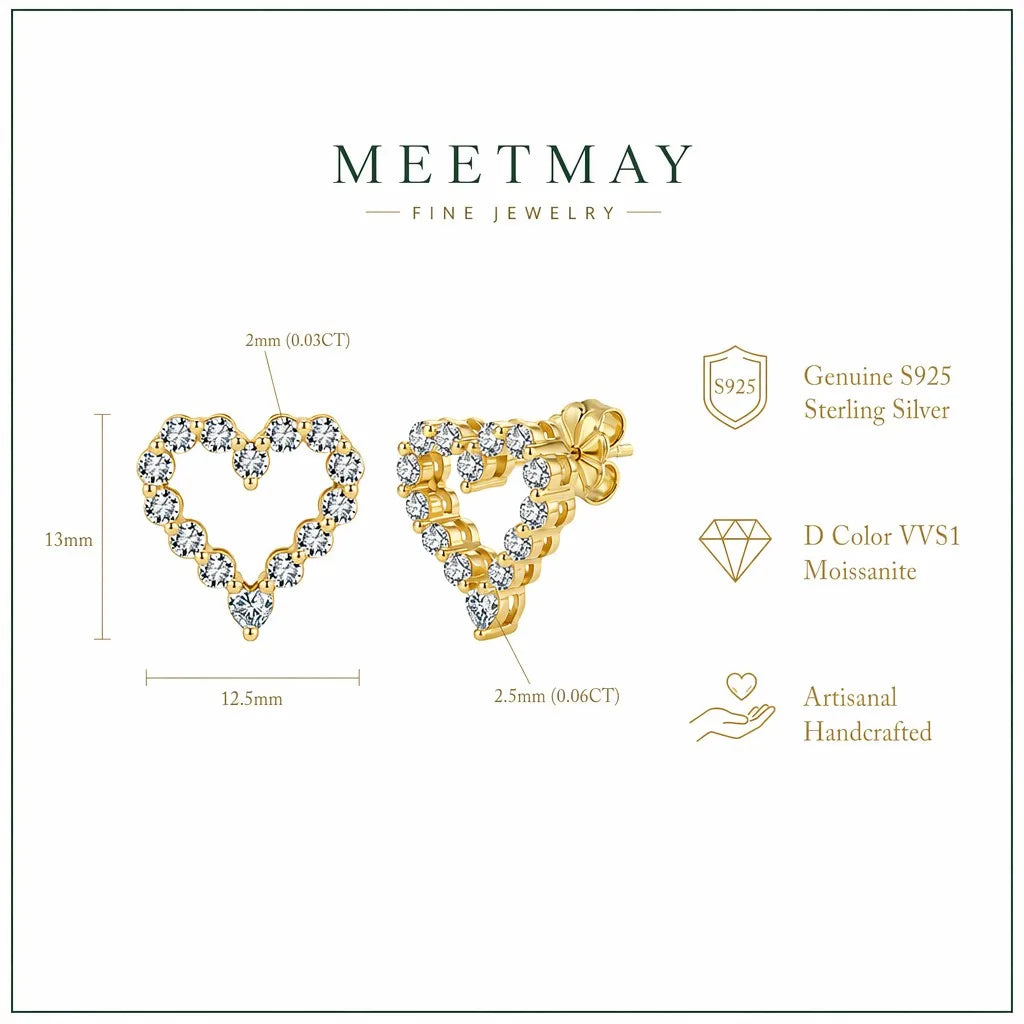 MEETMAY | Heart-Cut Moissanite Stud Earrings – S925 Sterling Silver 14K Gold Plated, D-Color