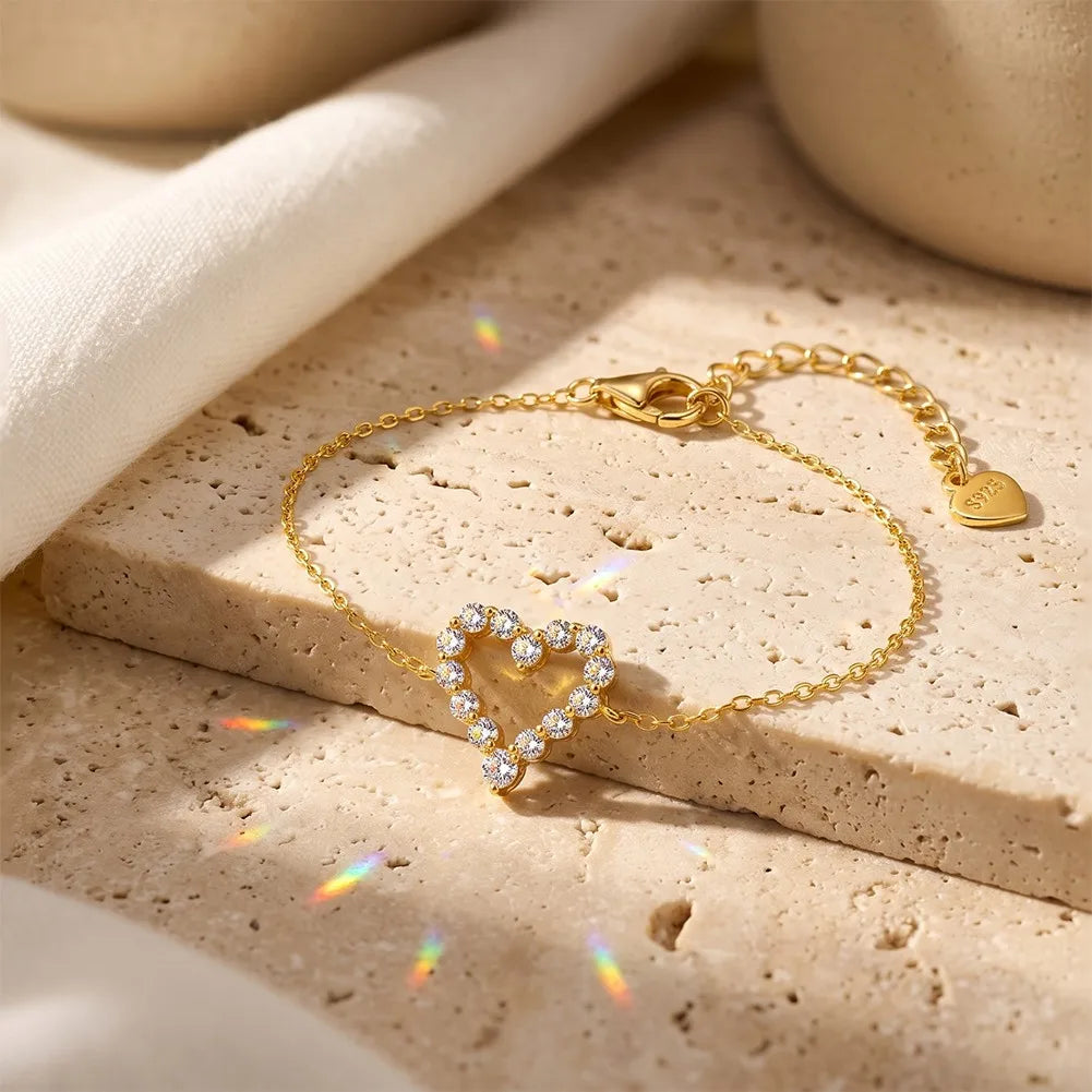 MEETMAY | Heart-Cut Moissanite Bracelet – S925 Sterling Silver 14K Gold Plated, D-Color