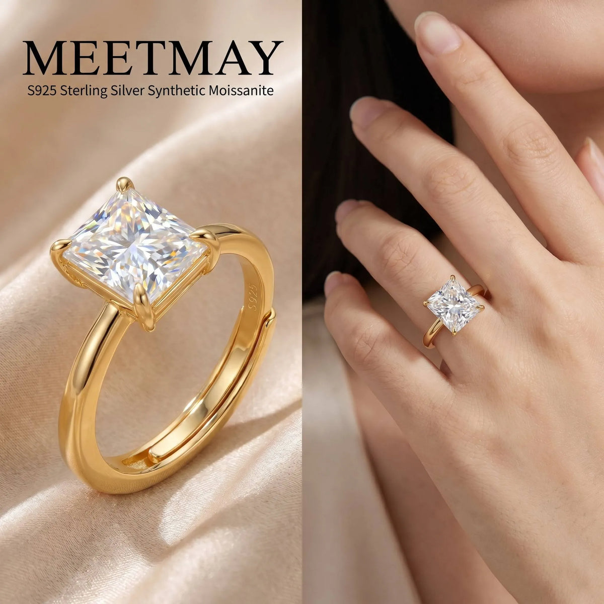 MEETMAY | Radiant-Cut Moissanite Adjustable Ring – S925 Sterling Silver 18K Gold Plated, D-Color