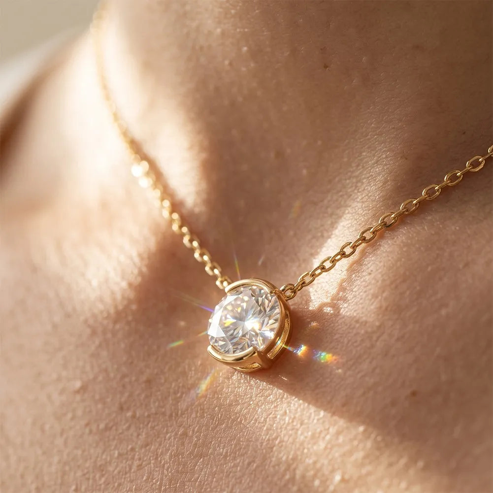 MEETMAY | Round-Cut Moissanite Solitaire Pendant Necklace – S925 Sterling Silver 14K Gold Plated, D-Color