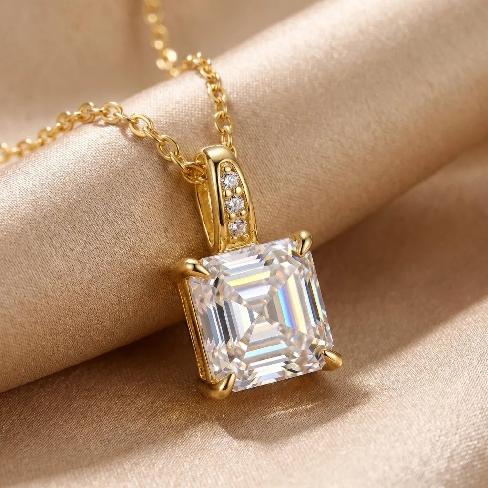 MEETMAY | Asscher-Cut Moissanite Pendant Necklace – S925 Sterling Silver 18K Gold Plated, D-Color