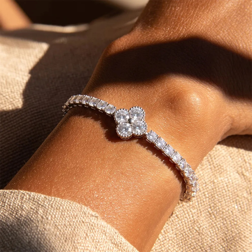 MEETMAY | Clover Moissanite Bracelet – S925 Sterling Silver 14K Gold Plated, D-Color