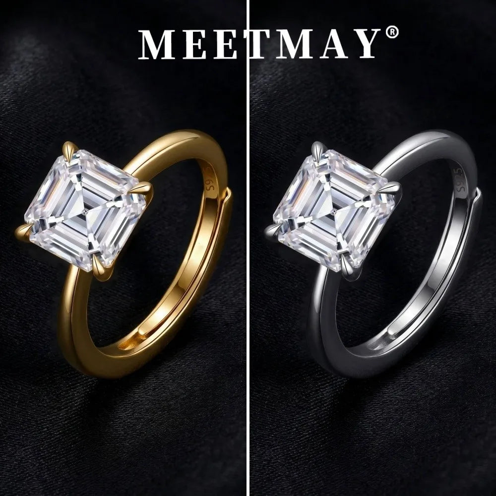 MEETMAY | Asscher-Cut Moissanite Adjustable Ring – S925 Sterling Silver 18K Gold Plated, D-Color