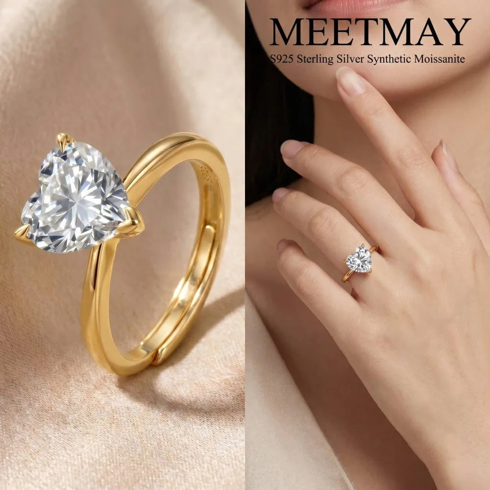 MEETMAY | Heart-Cut Moissanite Adjustable Ring – S925 Sterling Silver 18K Gold Plated, D-Color