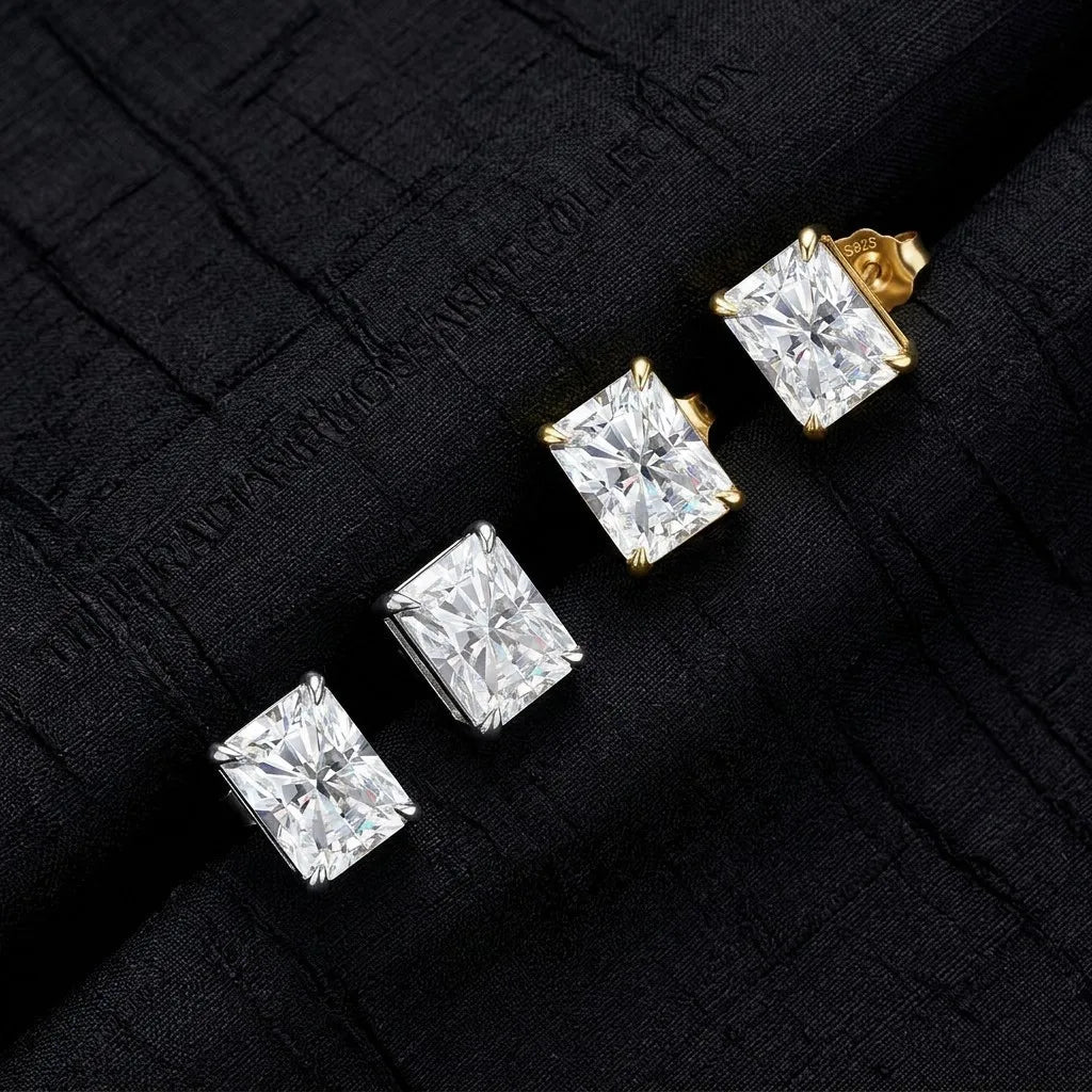MEETMAY | Radiant-Cut Moissanite Stud Earrings – S925 Sterling Silver 18K Gold Plated, GRA Certified