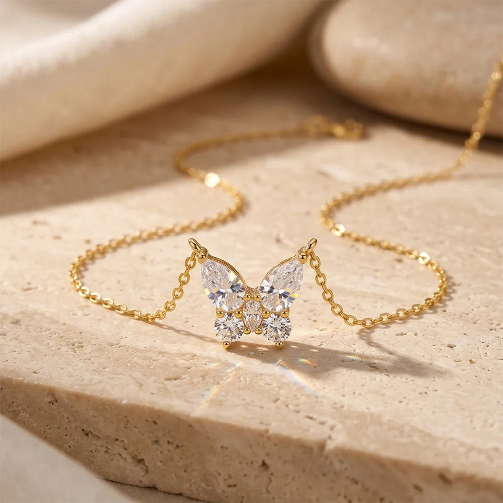 MEETMAY | Butterfly-Cut Moissanite Pendant Necklace – S925 Sterling Silver 14K Gold Plated, D-Color