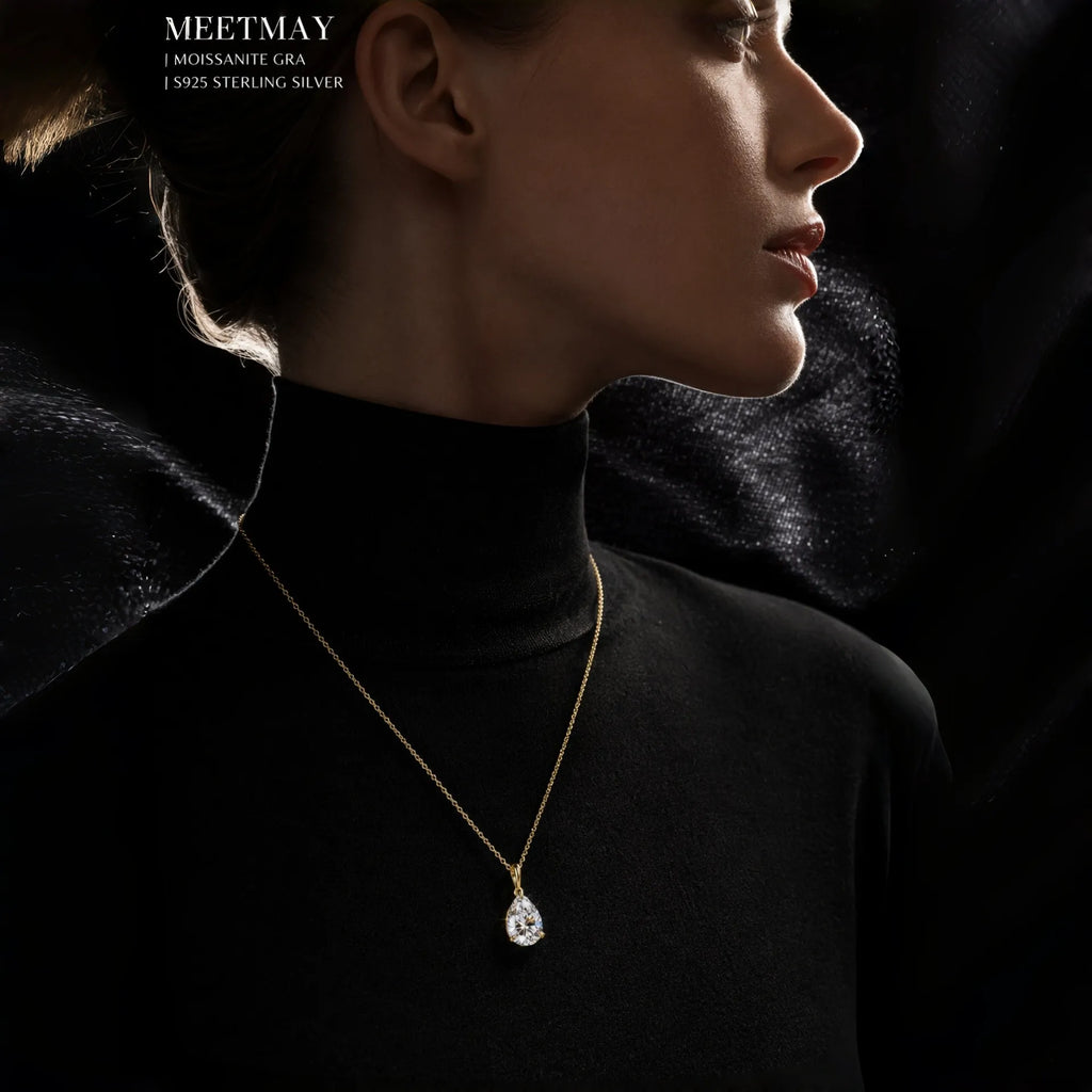 MEETMAY | Pear-Cut Moissanite Pendant Necklace – S925 Sterling Silver 18K Gold Plated, D-Color