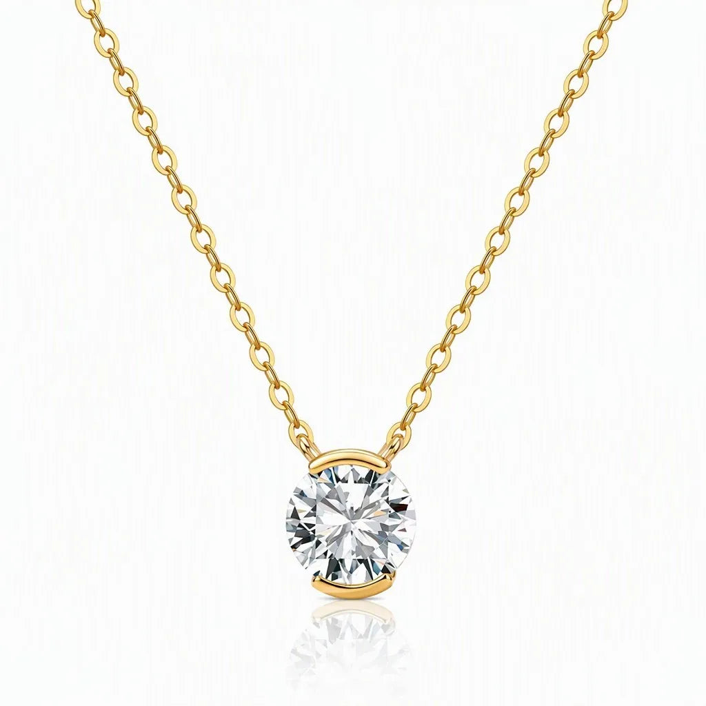 MEETMAY | Round-Cut Moissanite Solitaire Pendant Necklace – S925 Sterling Silver 14K Gold Plated, D-Color