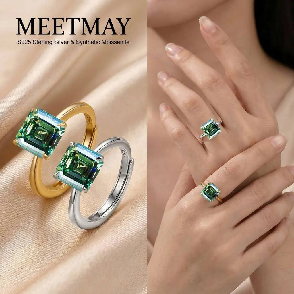 MEETMAY | Colorful Asscher-Cut Moissanite Adjustable Ring – S925 Sterling Silver 18K Gold Plated, GRA Certified