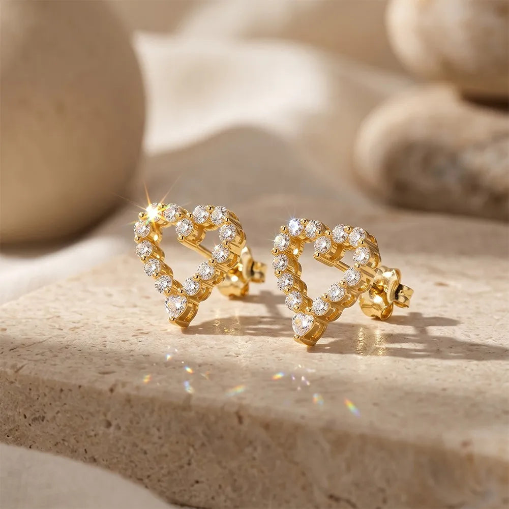 MEETMAY | Heart-Cut Moissanite Stud Earrings – S925 Sterling Silver 14K Gold Plated, D-Color