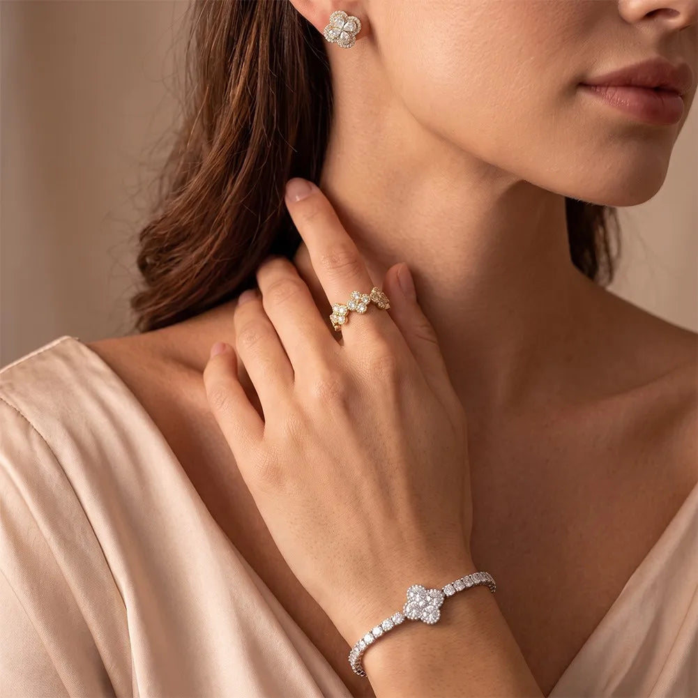MEETMAY | Clover Moissanite Bracelet – S925 Sterling Silver 14K Gold Plated, D-Color
