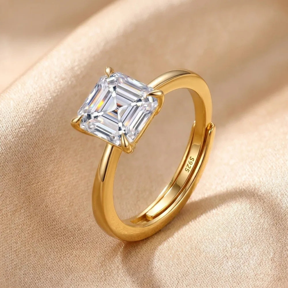MEETMAY | Asscher-Cut Moissanite Adjustable Ring – S925 Sterling Silver 18K Gold Plated, D-Color