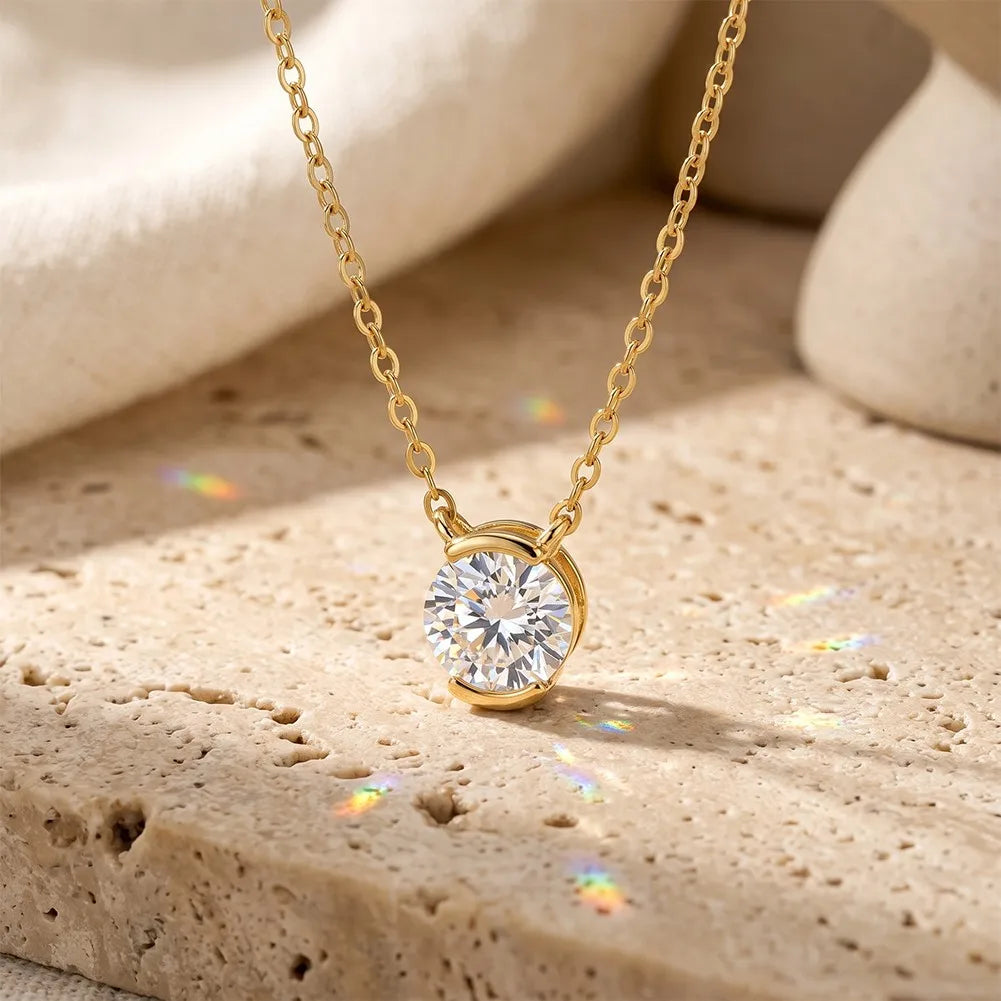 MEETMAY | Round-Cut Moissanite Solitaire Pendant Necklace – S925 Sterling Silver 14K Gold Plated, D-Color