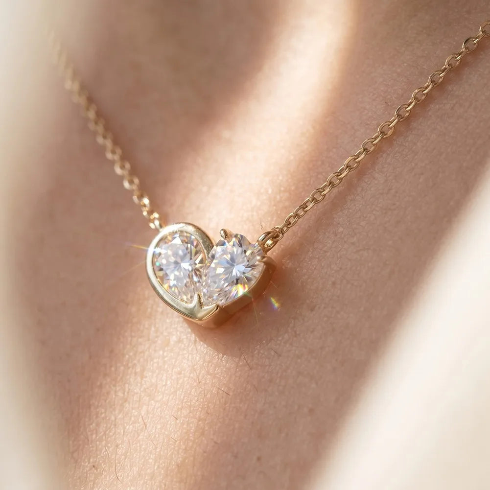 MEETMAY | Double Pear-Cut Moissanite Pendant Necklace – S925 Sterling Silver 14K Gold Plated, D-Color