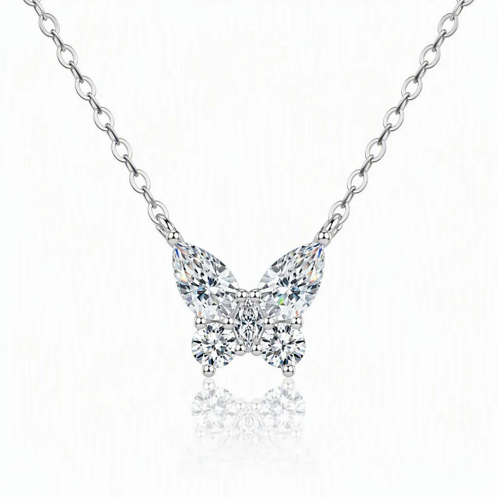 MEETMAY | Butterfly-Cut Moissanite Pendant Necklace – S925 Sterling Silver 14K Gold Plated, D-Color