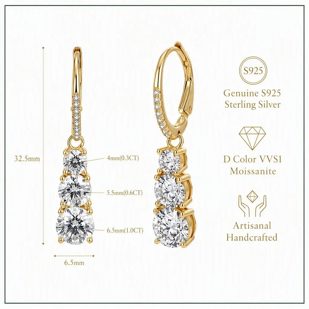 MEETMAY | Triple Circle Moissanite Earrings – S925 Sterling Silver 14K Gold Plated, D-Color