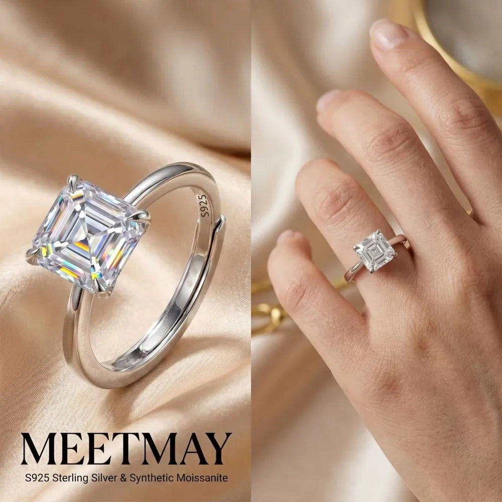 MEETMAY | Asscher-Cut Moissanite Adjustable Ring – S925 Sterling Silver 18K Gold Plated, D-Color