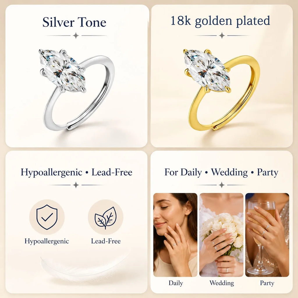 MEETMAY | Marquise-Cut Moissanite Adjustable Ring – S925 Sterling Silver 18K Gold Plated, D-Color