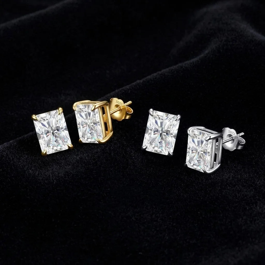 MEETMAY | Radiant-Cut Moissanite Stud Earrings – S925 Sterling Silver 18K Gold Plated, GRA Certified