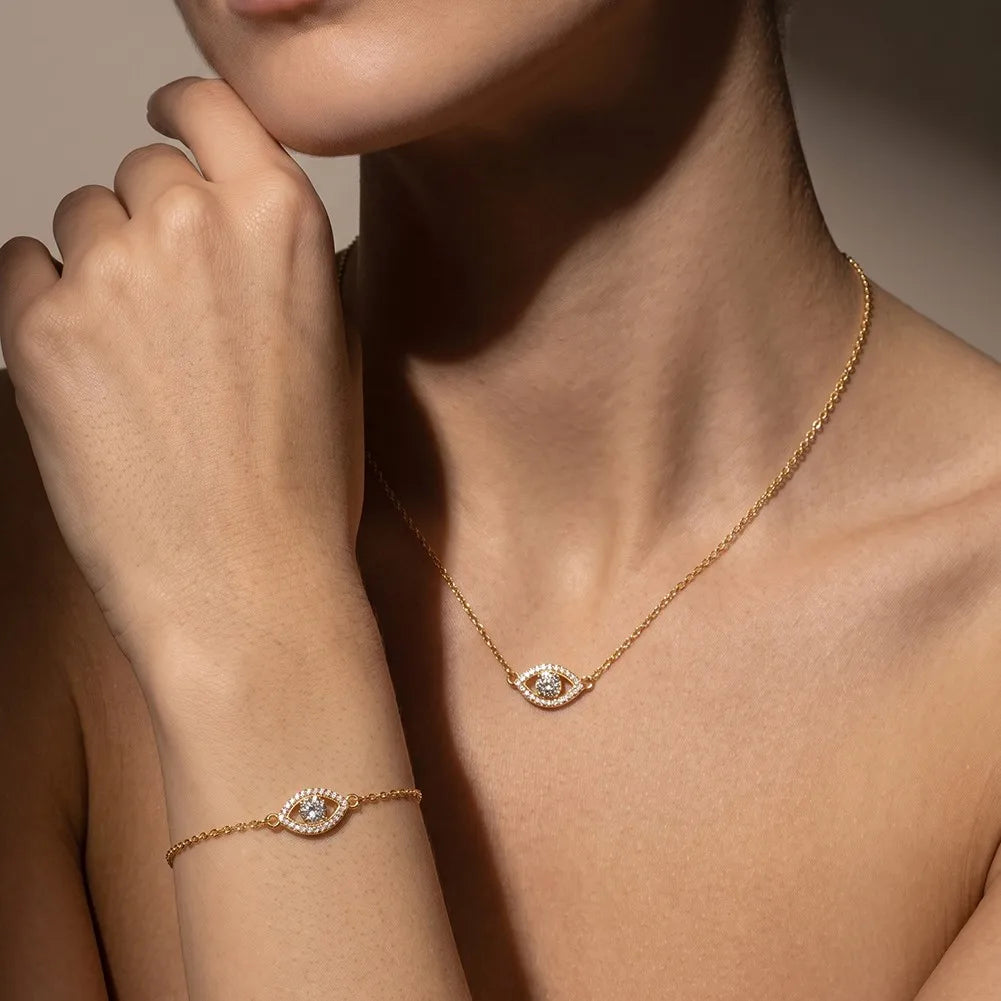 MEETMAY | Evil Eye Moissanite Bracelet – S925 Sterling Silver 14K Gold Plated, D-Color