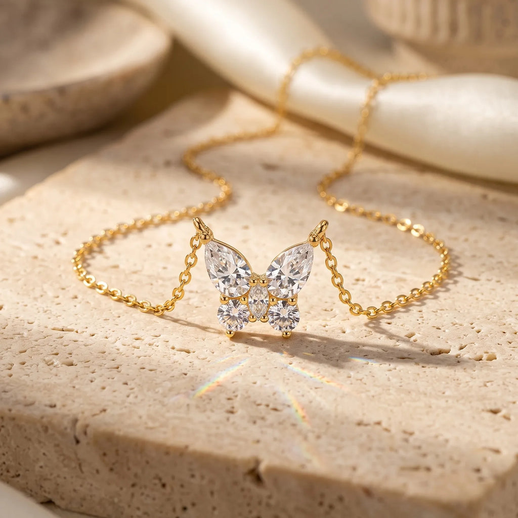 MEETMAY | Butterfly-Cut Moissanite Pendant Necklace – S925 Sterling Silver 14K Gold Plated, D-Color