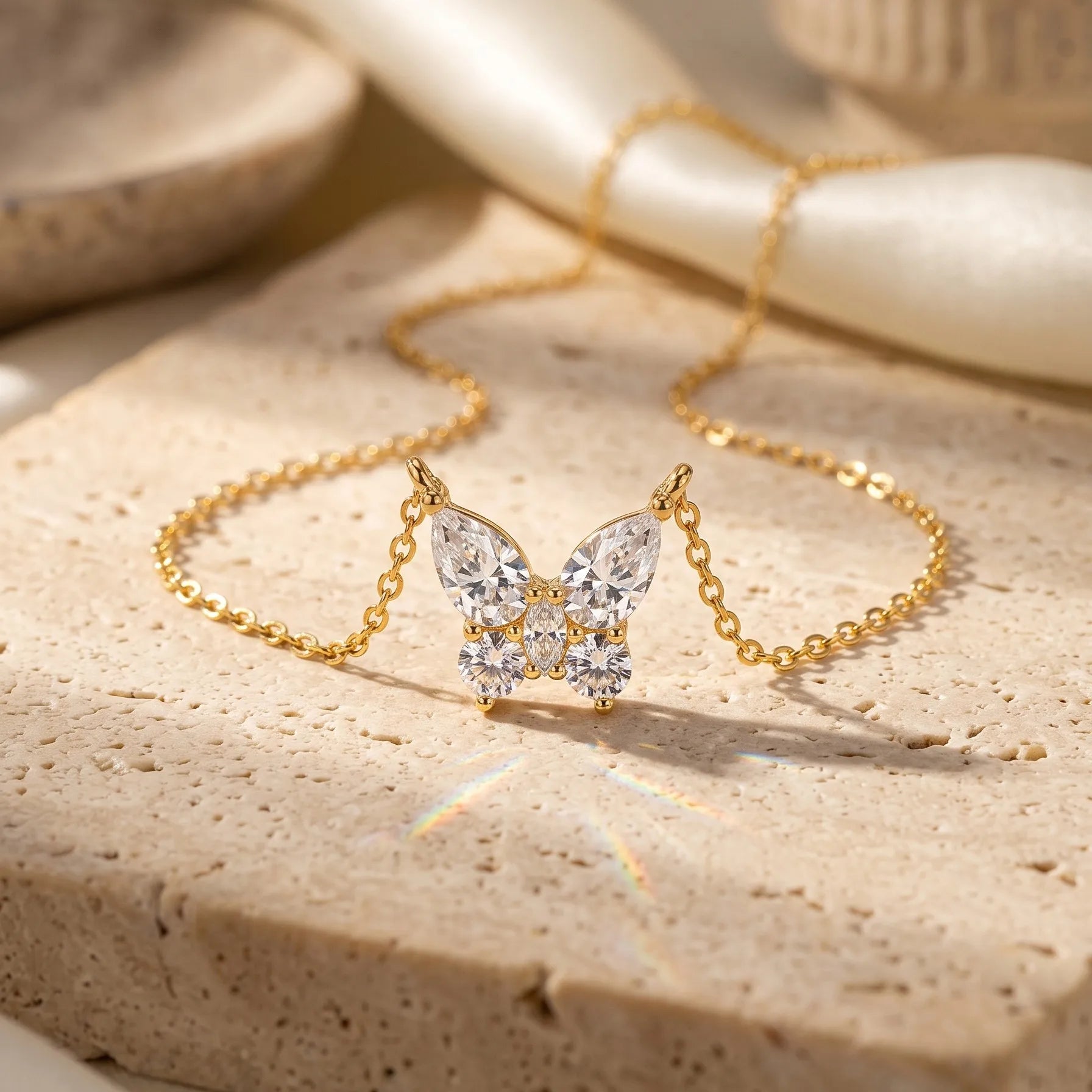MEETMAY | Butterfly-Cut Moissanite Pendant Necklace – S925 Sterling Silver 14K Gold Plated, D-Color