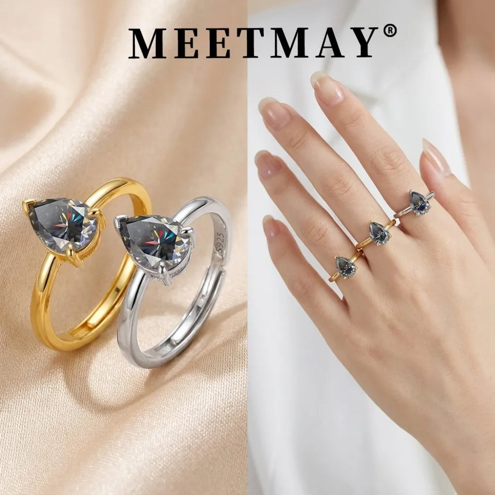 MEETMAY | Colorful Pear-Cut Moissanite Adjustable Ring – S925 Sterling Silver 18K Gold Plated, GRA Certified