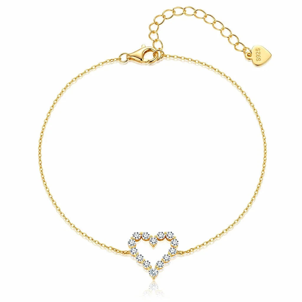 MEETMAY | Heart-Cut Moissanite Bracelet – S925 Sterling Silver 14K Gold Plated, D-Color