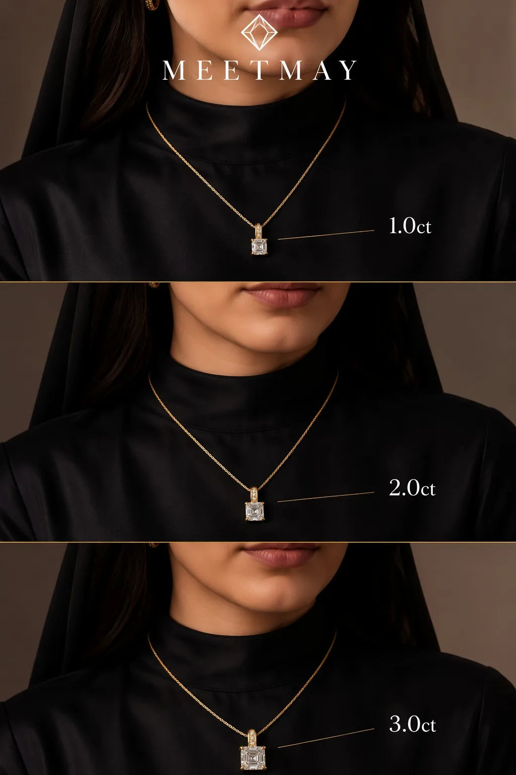MEETMAY | Asscher-Cut Moissanite Pendant Necklace – S925 Sterling Silver 18K Gold Plated, D-Color