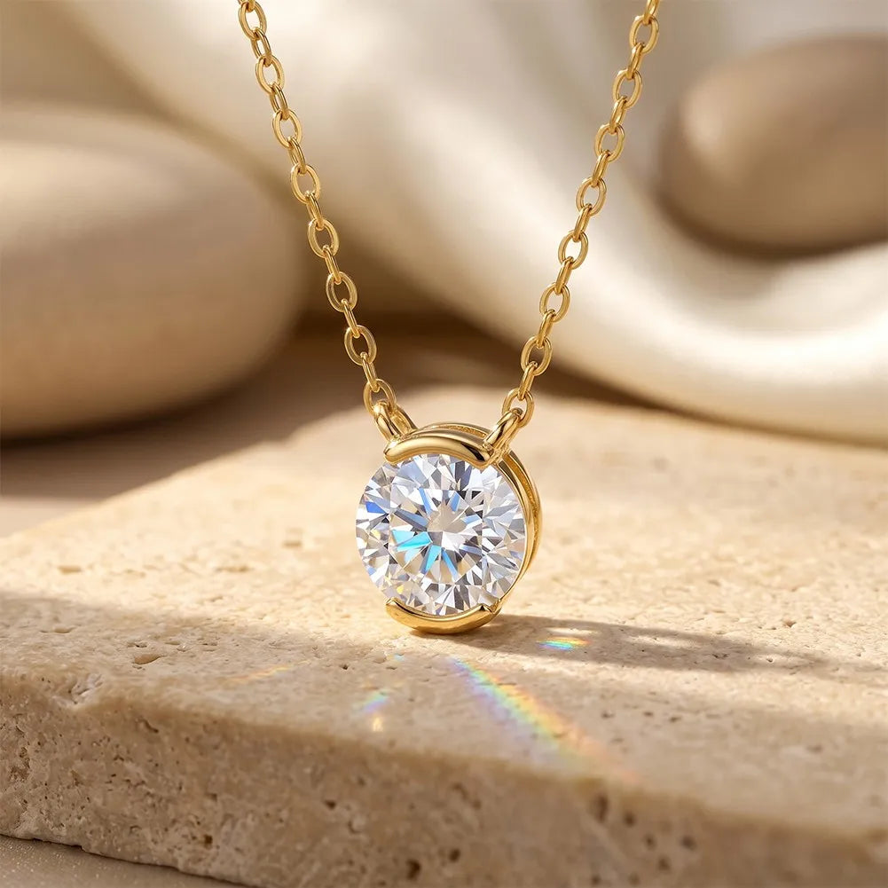 MEETMAY | Round-Cut Moissanite Solitaire Pendant Necklace – S925 Sterling Silver 14K Gold Plated, D-Color