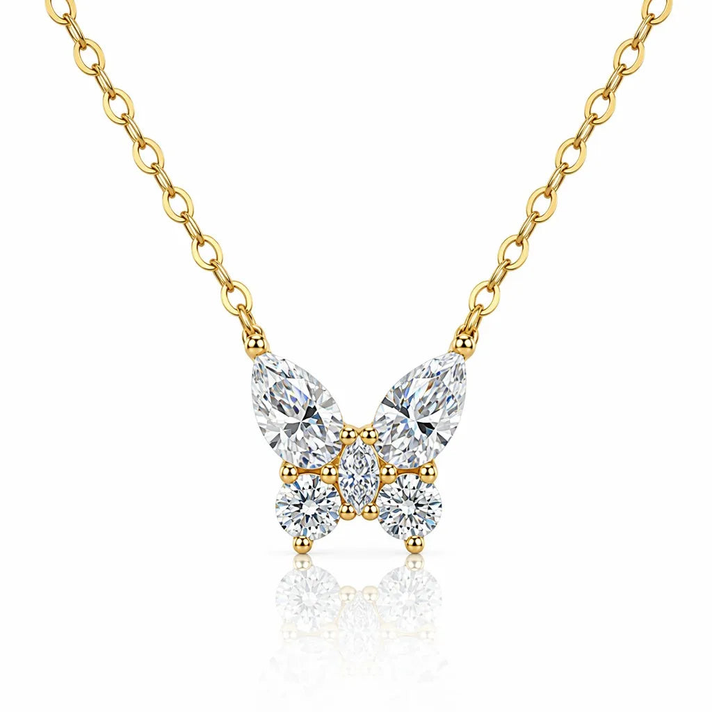 MEETMAY | Butterfly-Cut Moissanite Pendant Necklace – S925 Sterling Silver 14K Gold Plated, D-Color