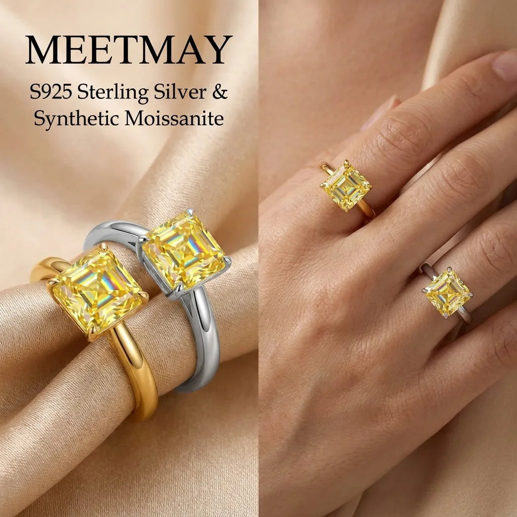 MEETMAY | Colorful Asscher-Cut Moissanite Adjustable Ring – S925 Sterling Silver 18K Gold Plated, GRA Certified