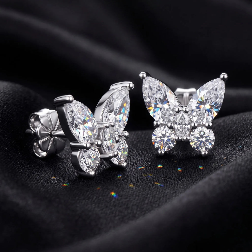 MEETMAY | Butterfly-Cut Moissanite Stud Earrings – S925 Sterling Silver 14K Gold Plated, D-Color