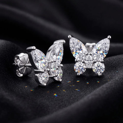 MEETMAY | Butterfly-Cut Moissanite Stud Earrings – S925 Sterling Silver 14K Gold Plated, D-Color