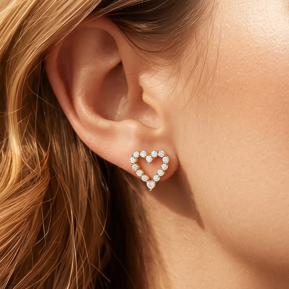 MEETMAY | Heart-Cut Moissanite Stud Earrings – S925 Sterling Silver 14K Gold Plated, D-Color