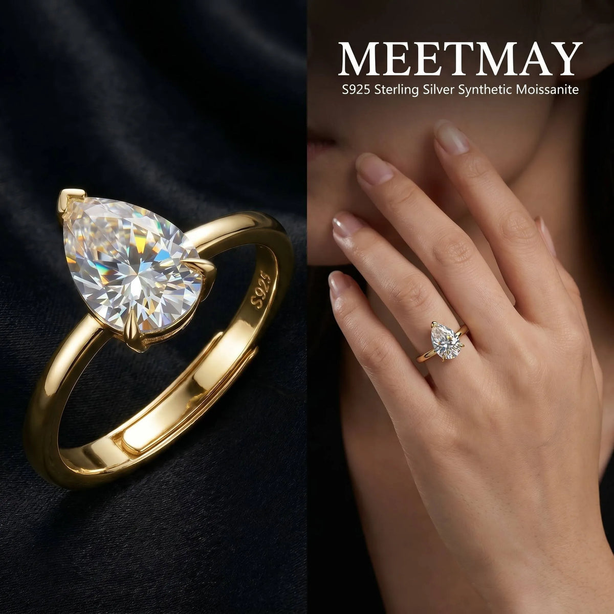 MEETMAY | Pear-Cut Moissanite Adjustable Ring – S925 Sterling Silver 18K Gold Plated, D-Color