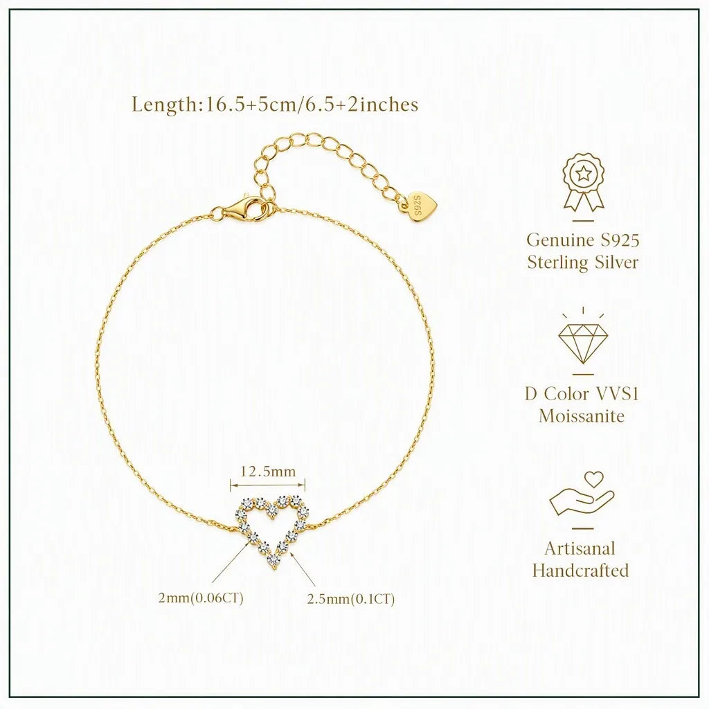 MEETMAY | Heart-Cut Moissanite Bracelet – S925 Sterling Silver 14K Gold Plated, D-Color