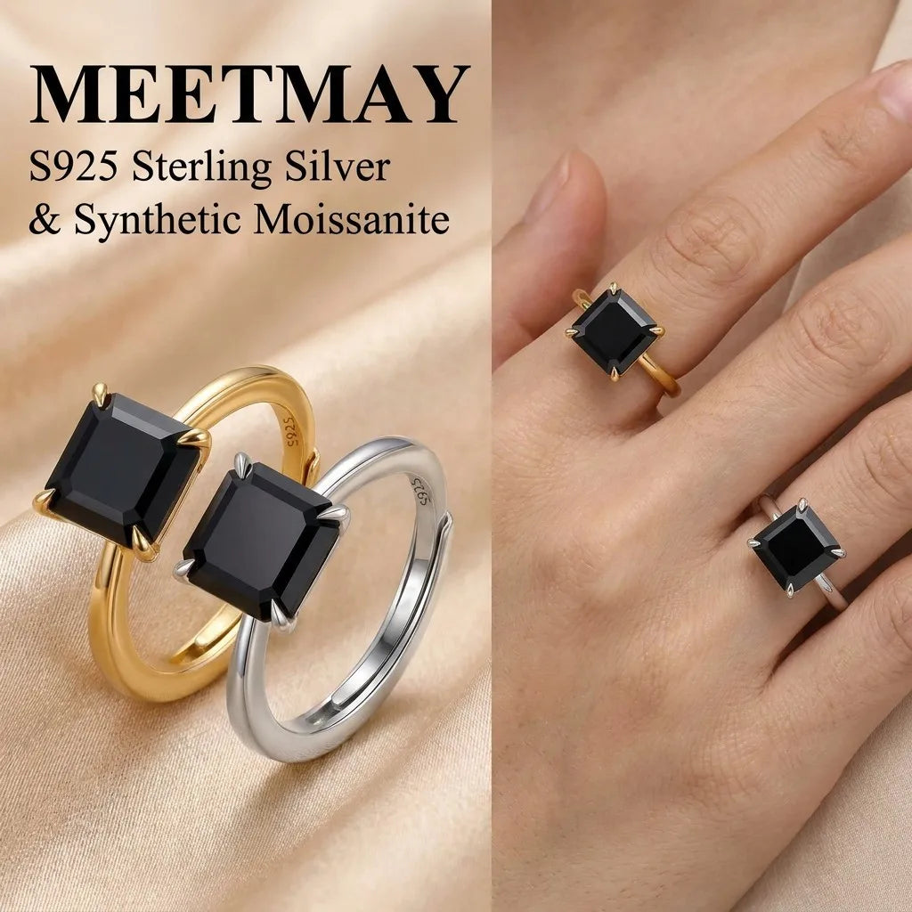 MEETMAY | Colorful Asscher-Cut Moissanite Adjustable Ring – S925 Sterling Silver 18K Gold Plated, GRA Certified
