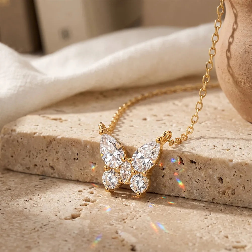 MEETMAY | Butterfly-Cut Moissanite Pendant Necklace – S925 Sterling Silver 14K Gold Plated, D-Color