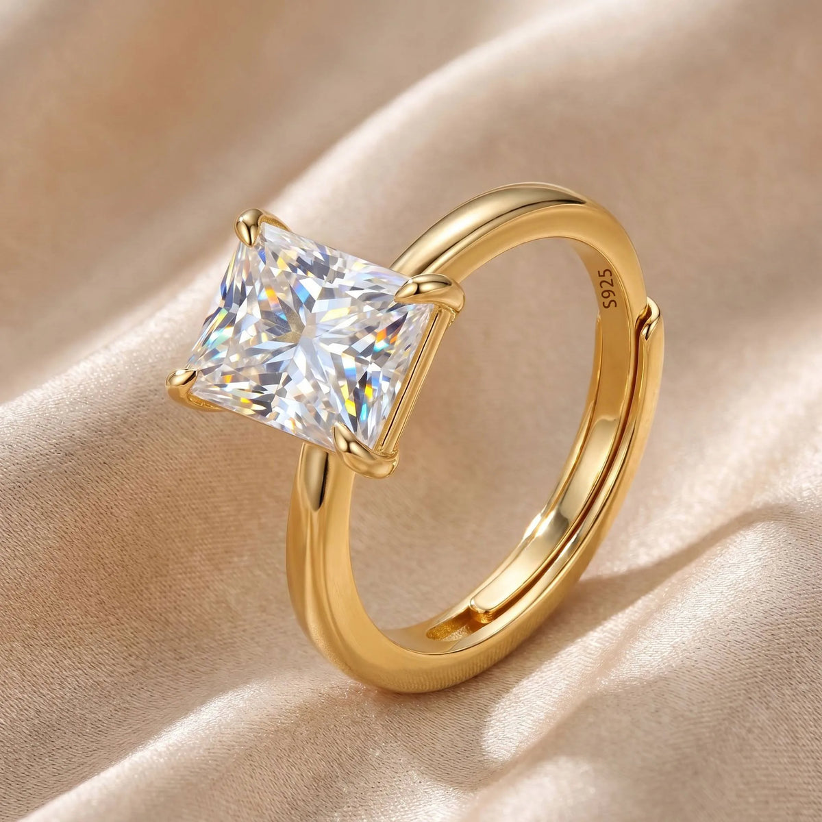 MEETMAY | Radiant-Cut Moissanite Adjustable Ring – S925 Sterling Silver 18K Gold Plated, D-Color