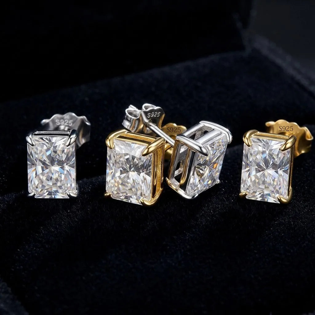 MEETMAY | Radiant-Cut Moissanite Stud Earrings – S925 Sterling Silver 18K Gold Plated, GRA Certified