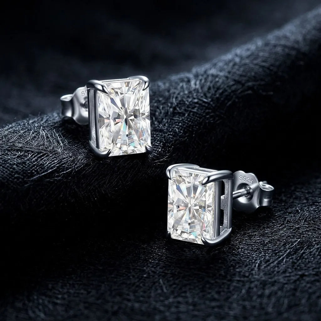 MEETMAY | Radiant-Cut Moissanite Stud Earrings – S925 Sterling Silver 18K Gold Plated, GRA Certified