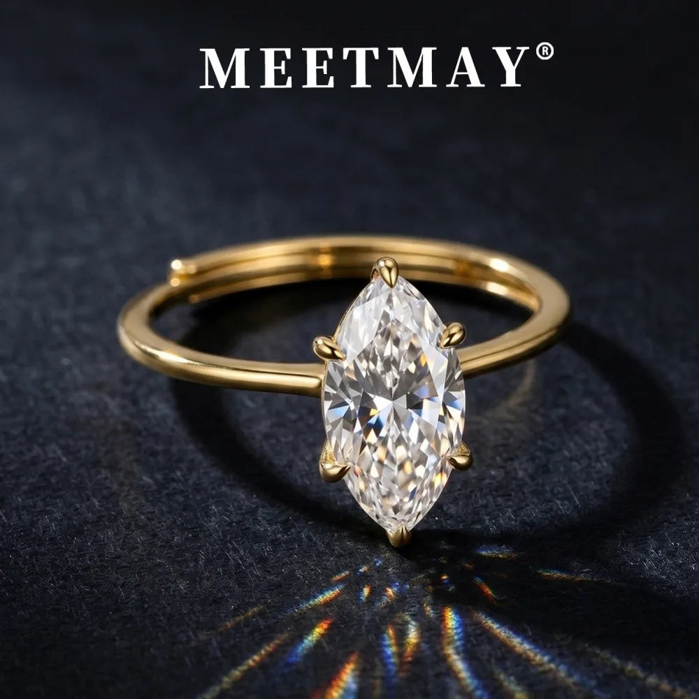 MEETMAY | Marquise-Cut Moissanite Adjustable Ring – S925 Sterling Silver 18K Gold Plated, D-Color