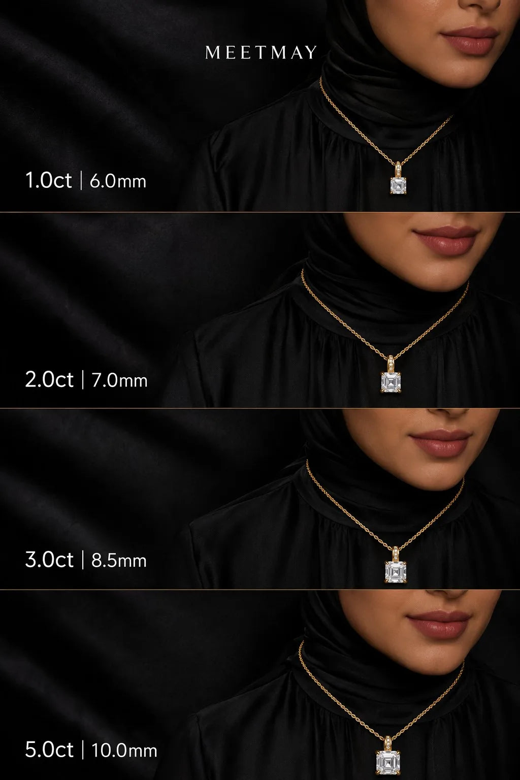 MEETMAY | Asscher-Cut Moissanite Pendant Necklace – S925 Sterling Silver 18K Gold Plated, D-Color