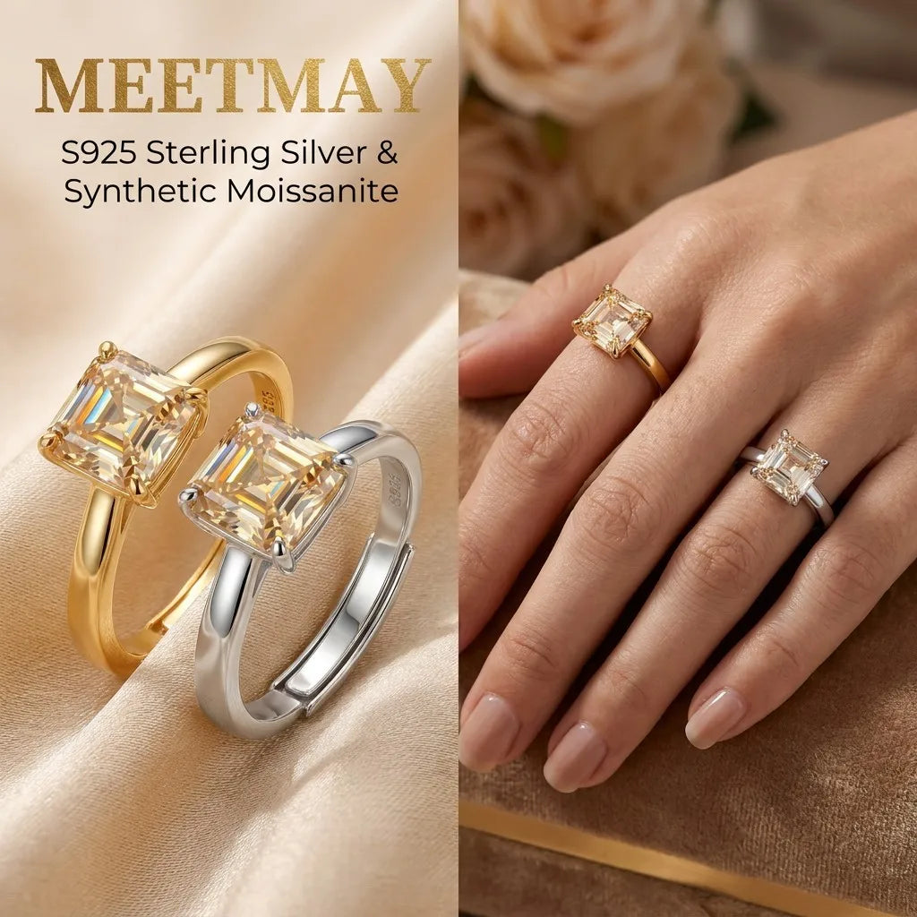 MEETMAY | Colorful Asscher-Cut Moissanite Adjustable Ring – S925 Sterling Silver 18K Gold Plated, GRA Certified